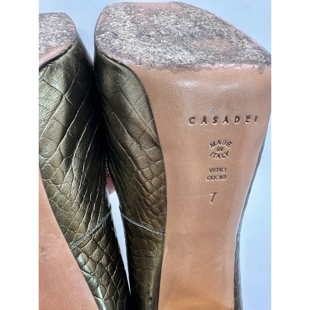 Casadei Made In Italy Croc Embossed Gold Leather Peep‎ toe Pumps 7